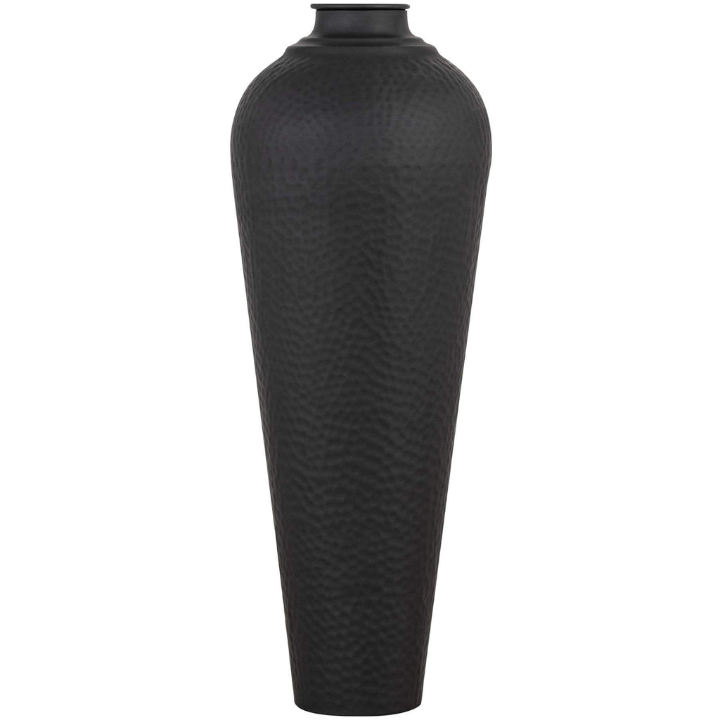Matt black medium hammered steel vase with artisanal texture, modern floor decor for dried flowers or sculptural display by sostter at brixbailey.com