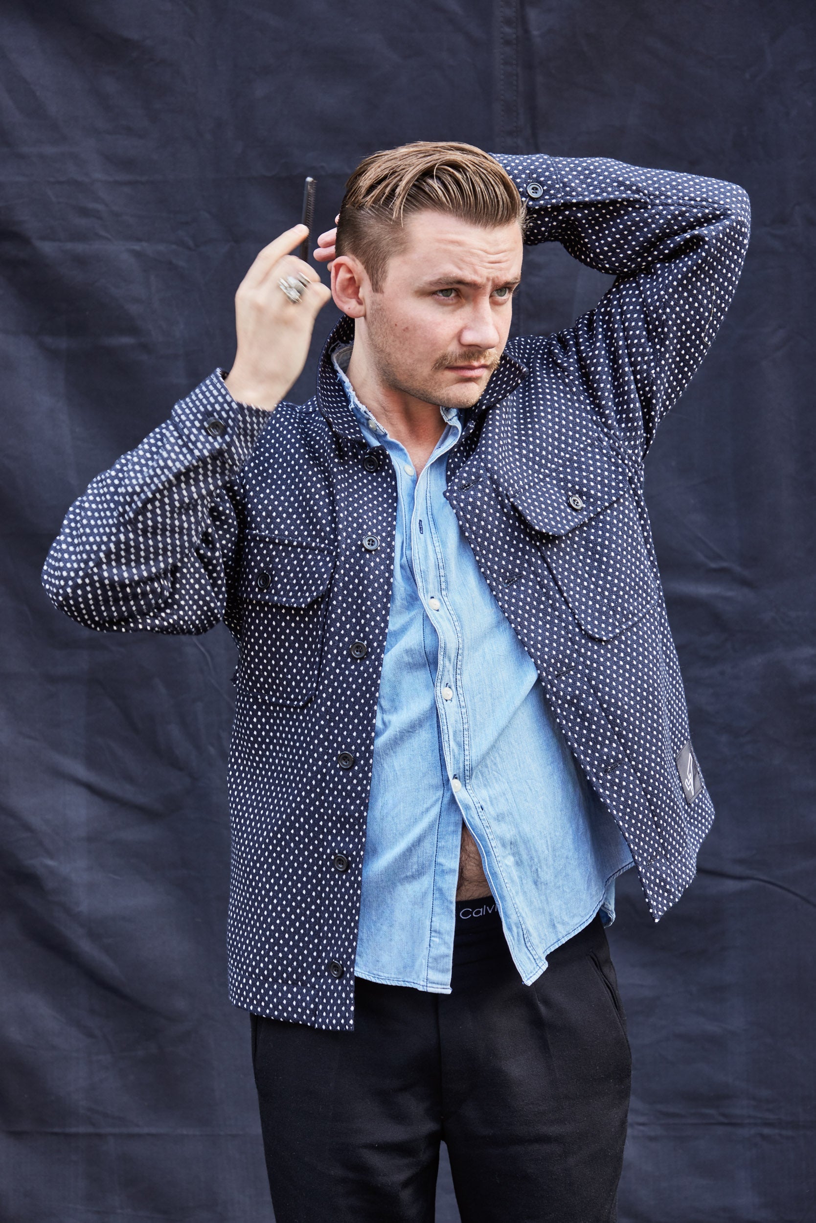 Navy Wool Workshirt with Dot Detail