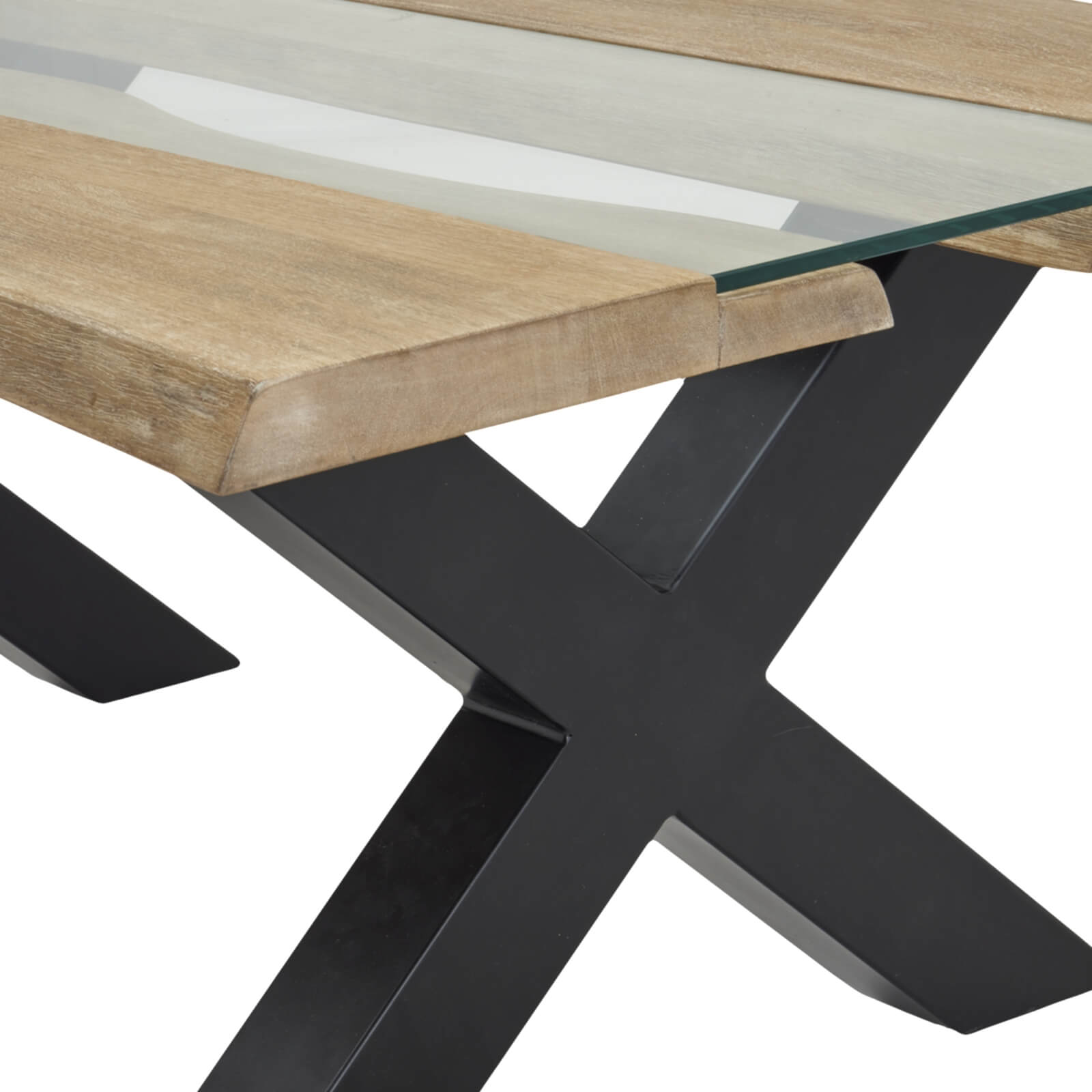 Live edge coffee table with acacia wood and clear resin inlay, natural tones and black accents, contemporary design by sostter at brixbailey.com