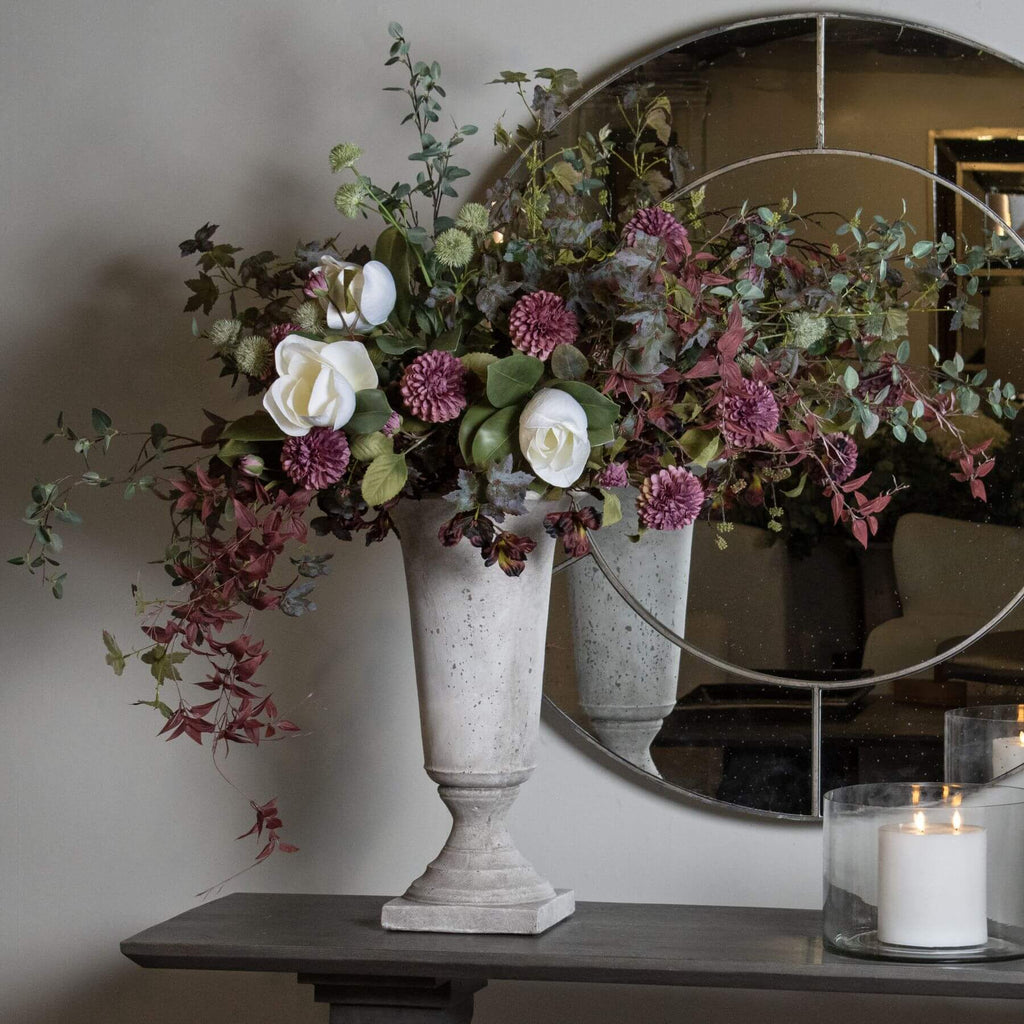 Tall stone-effect ceramic urn planter in neutral tone, 61cm height, classic silhouette for faux floral arrangements or standalone decor. by sostter at brixbailey.com