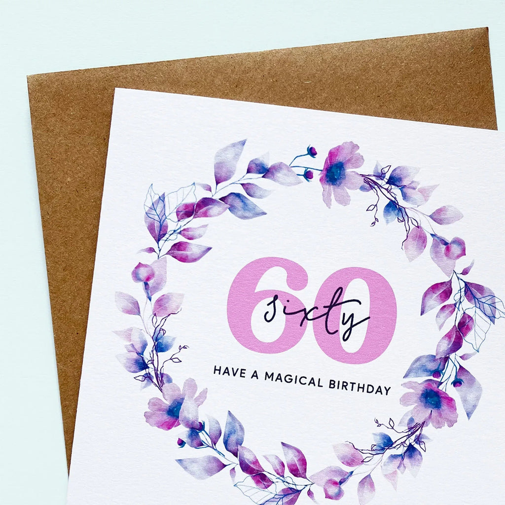 60th Birthday Card for Her with Watercolour Wreath