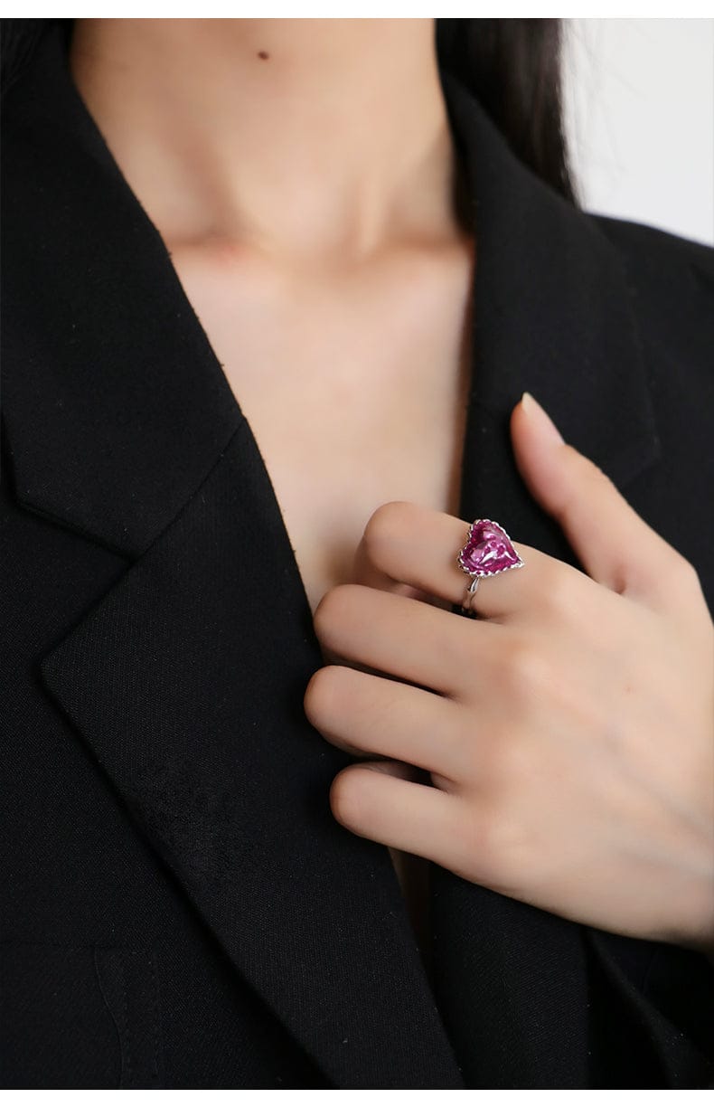 Love Heart Enamel Adjustable Ring in Silver and Violet