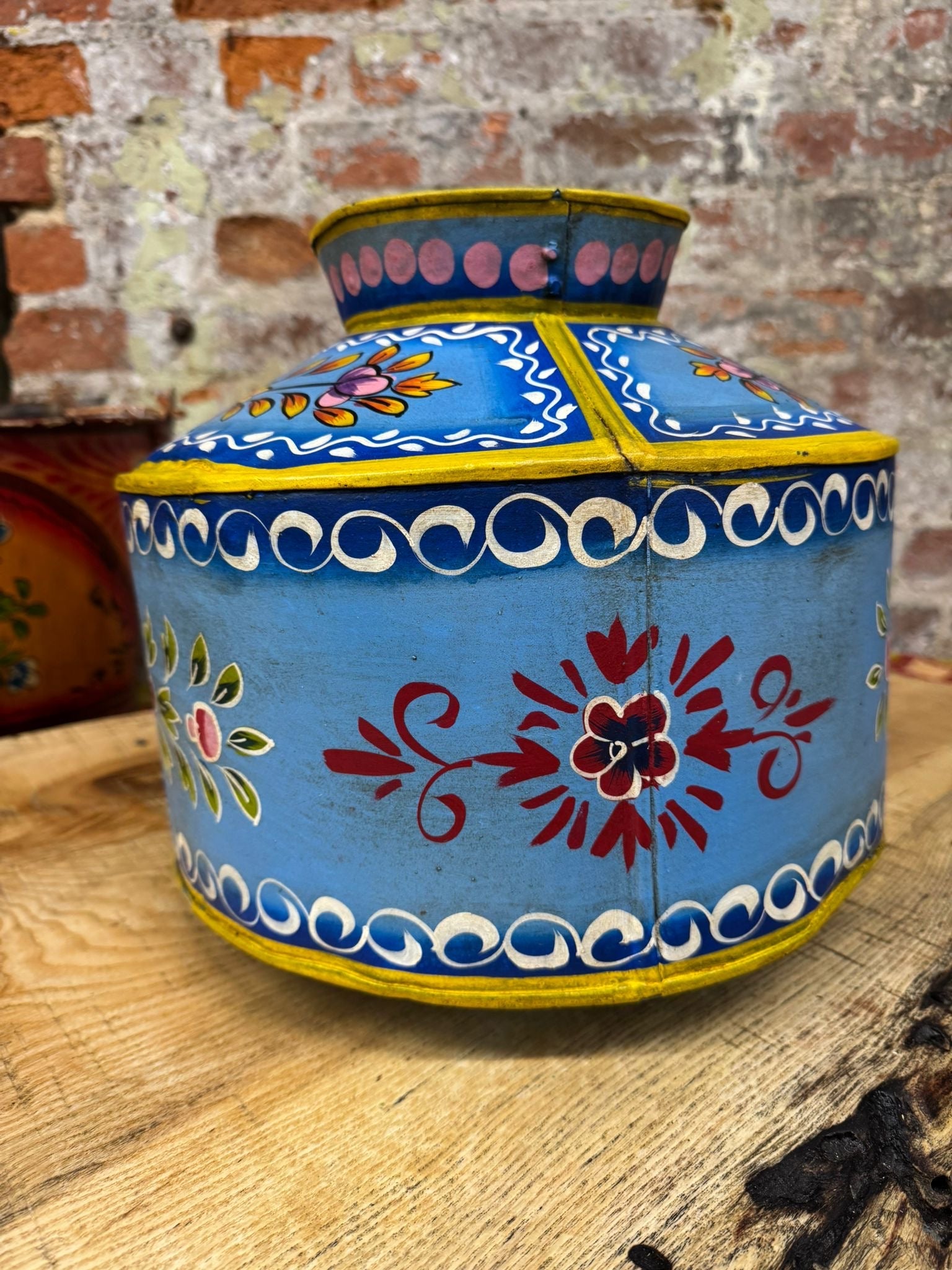 Vintage Painted Metal Water Pot and Planter