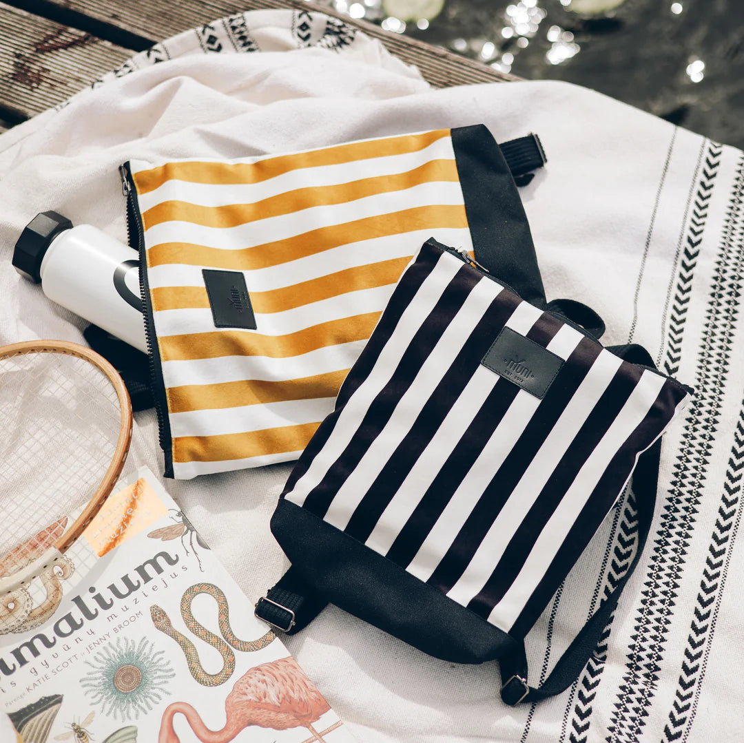 Stylish & Durable Mustard Stripe Kids Backpack by Muni at www.brixbailey.com