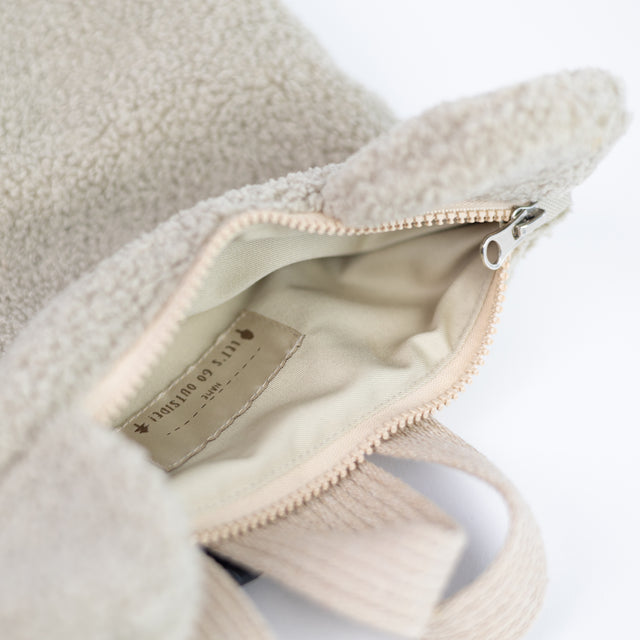 Eco-Friendly Beige Teddy Backpack for Kids – Secure & Stylish by Muni at www.brixbailey.com