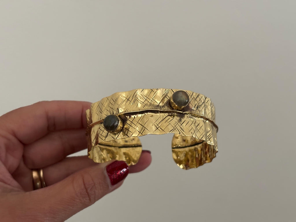 Textured Gold Cuff Bracelet with Gemstone Accents Adjustable Wrap