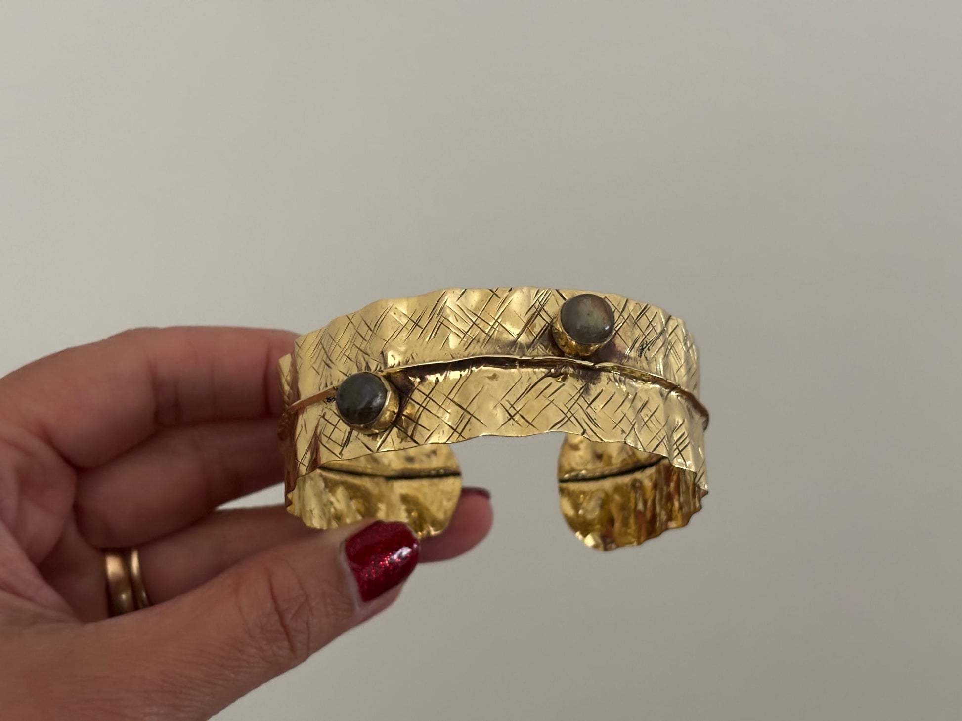 Textured Gold Cuff Bracelet with Gemstone Accents Adjustable Wrap