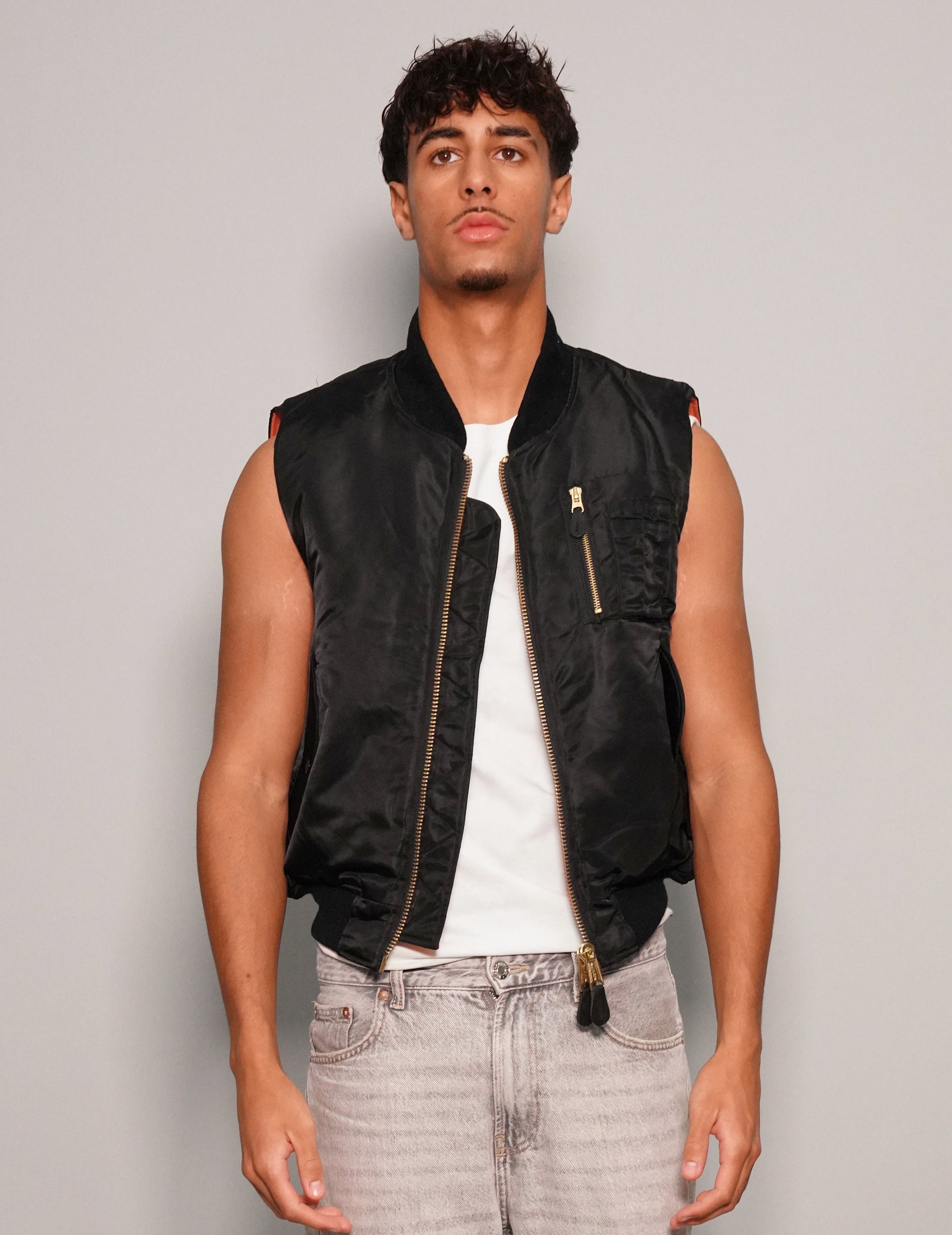 Vintage Black Bomber Gilet with Reversible Orange Lining