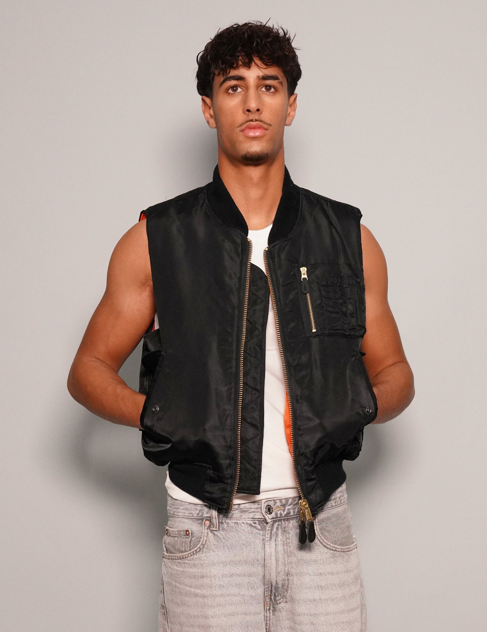 Vintage Black Bomber Gilet with Reversible Orange Lining