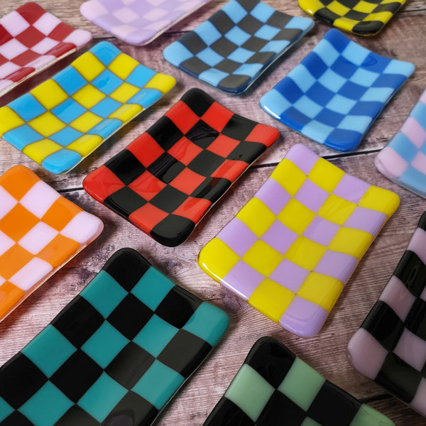 Chequered Dual Coloured Small Glass Tray 12x7cm