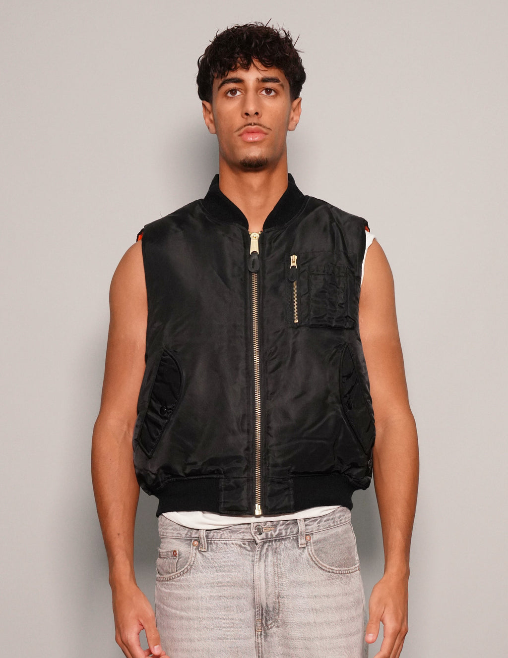 Vintage Black Bomber Gilet with Reversible Orange Lining