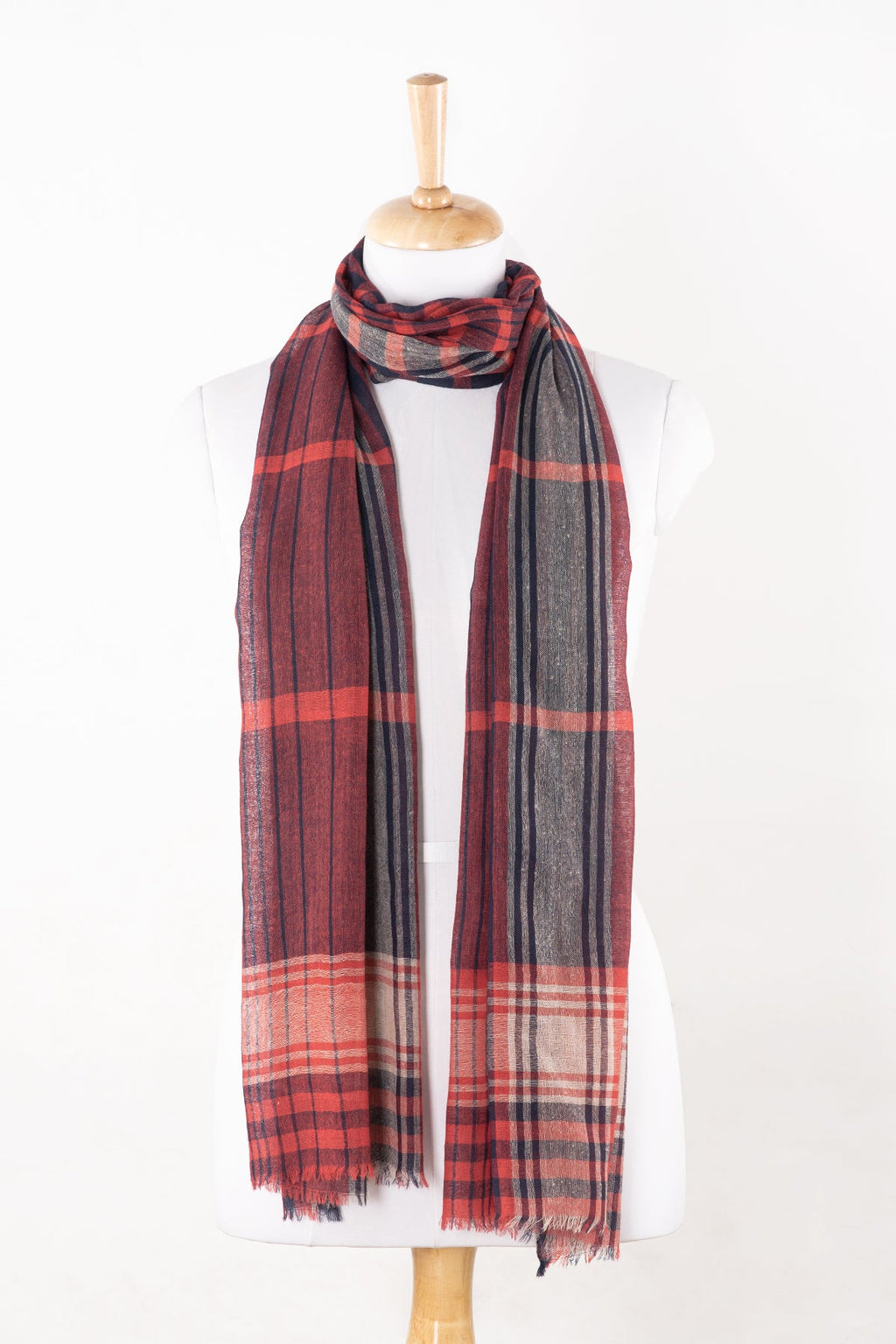 Merino Wool Scarf in Fuchsia Pink and Navy Check Stripes