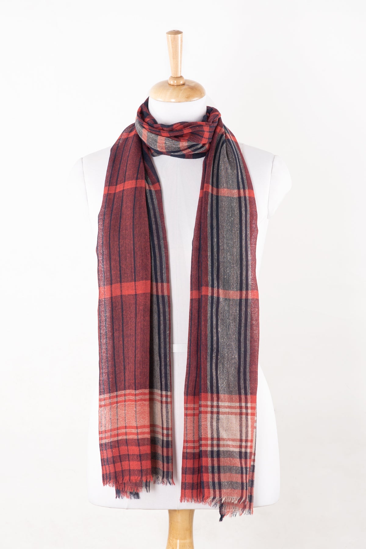 Merino Wool Scarf in Fuchsia Pink and Navy Check Stripes