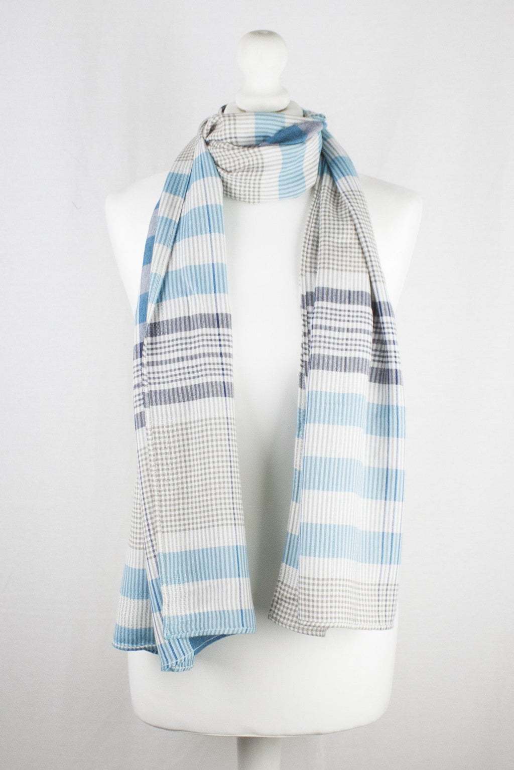 Checks and Stripes Textured Weave Viscose Scarf in Blue Navy Beige