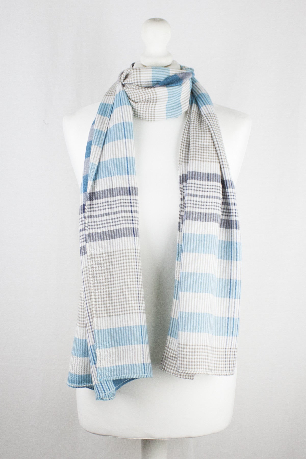 Checks and Stripes Textured Weave Viscose Scarf in Blue Navy Beige