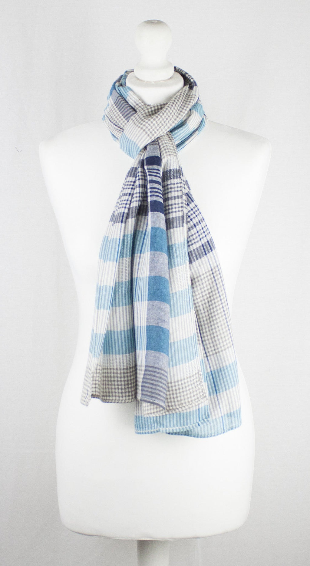 Checks and Stripes Textured Weave Viscose Scarf in Blue Navy Beige