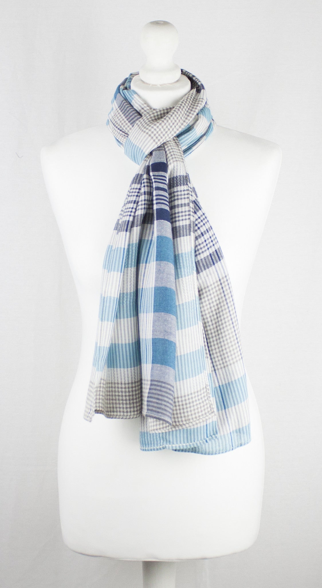 Checks and Stripes Textured Weave Viscose Scarf in Blue Navy Beige