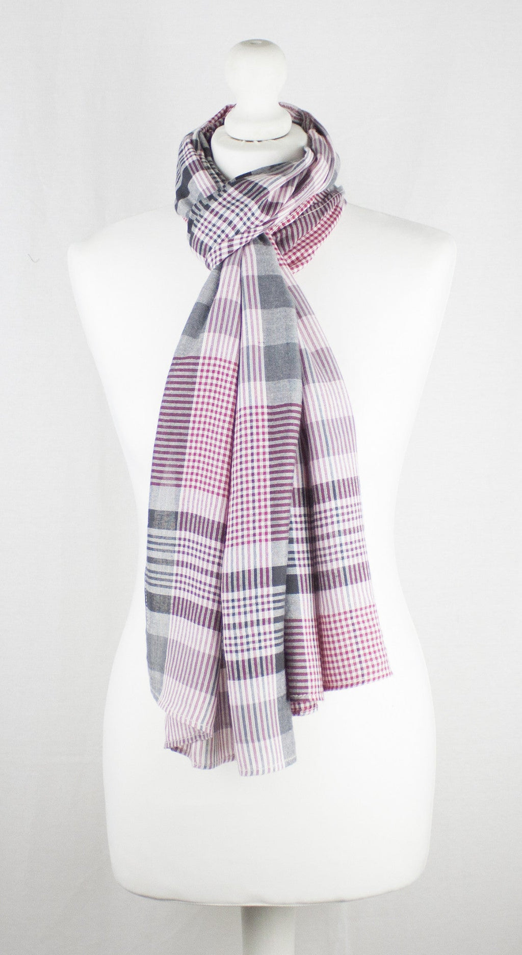 Checks and Stripes Textured Weave Viscose Scarf in Pink Black Off White