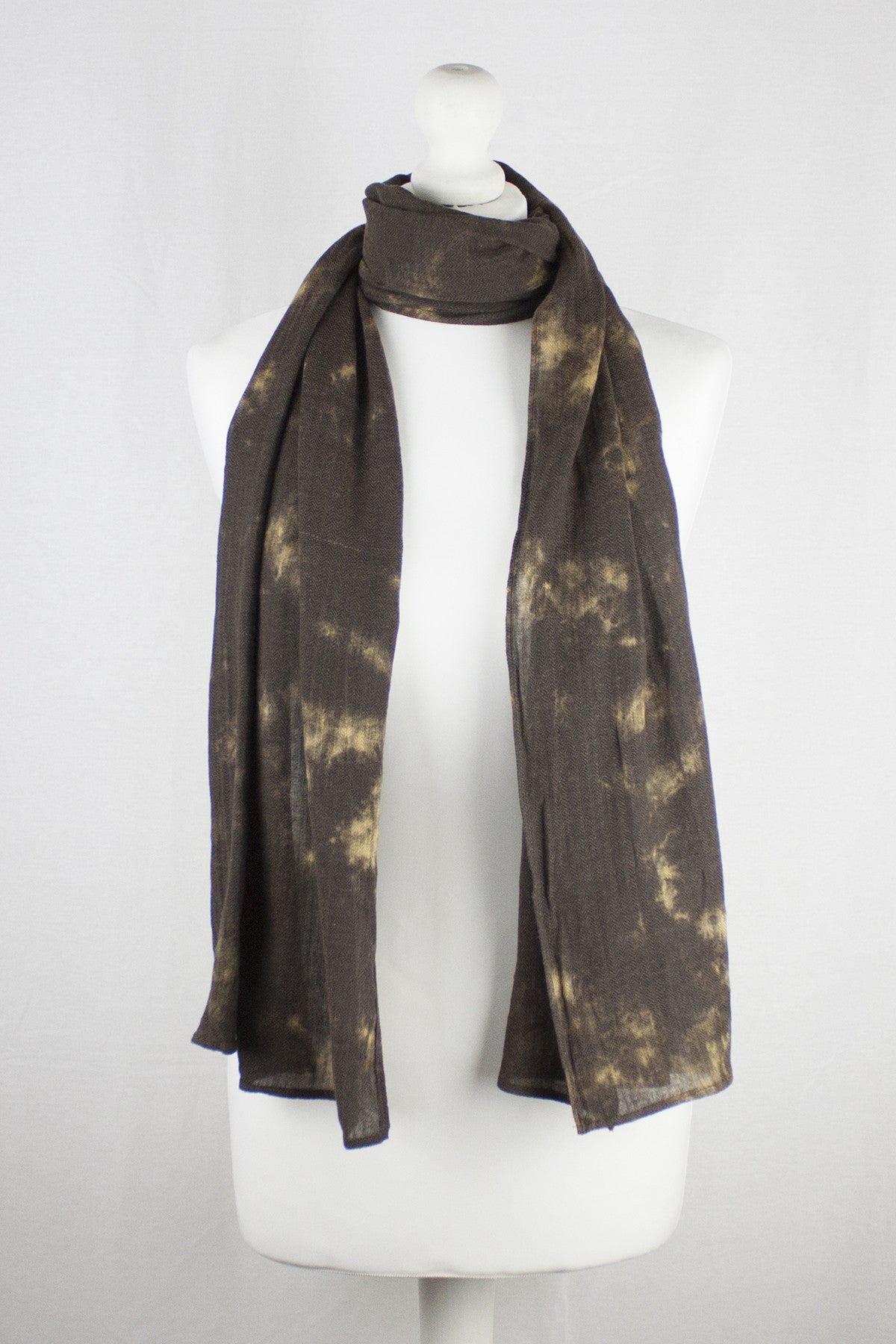Tie Dye Print Herringbone Weave Cotton Scarf in Brown and Yellow