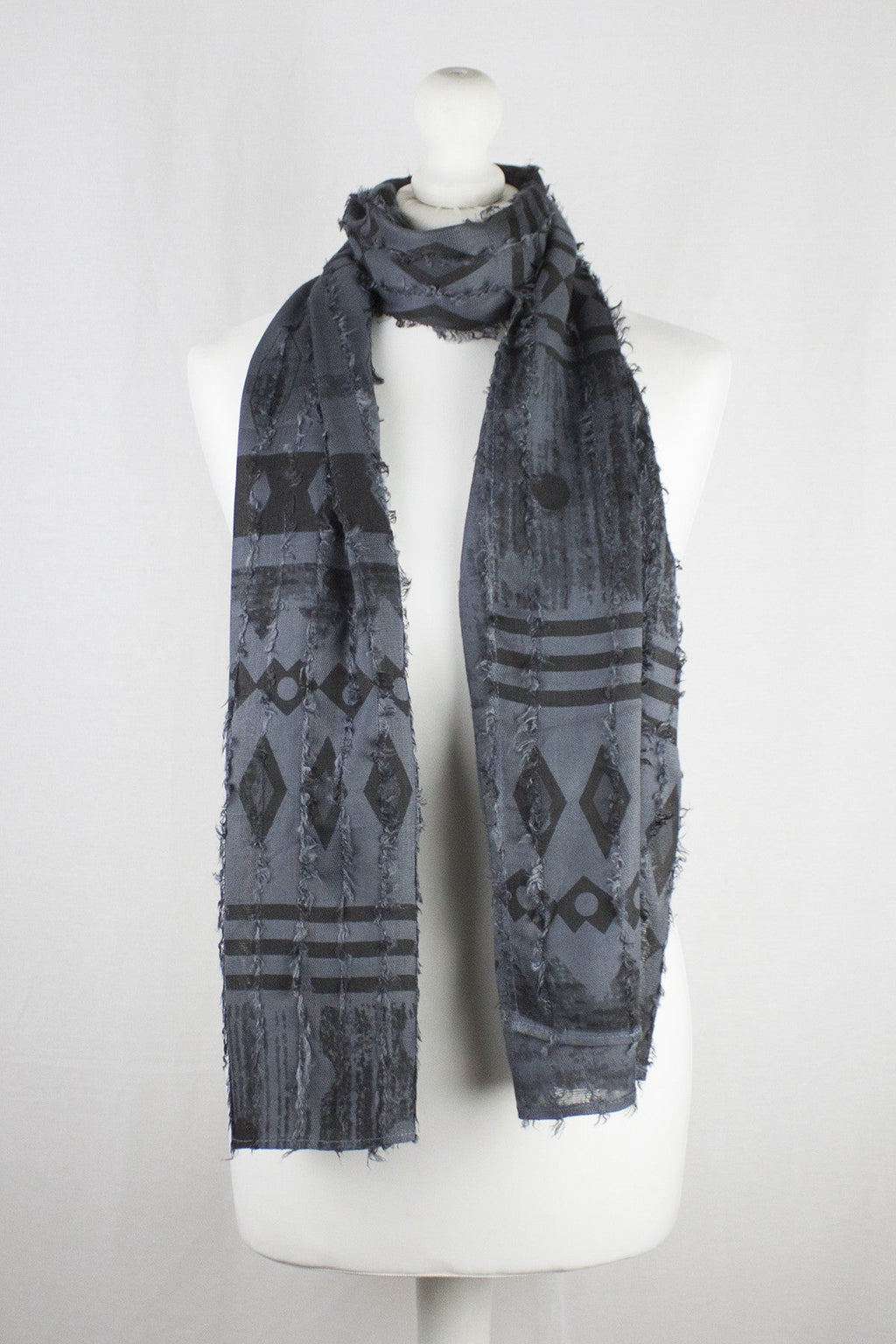 Frayed Stripes Block Printed Viscose Scarf in Grey Black
