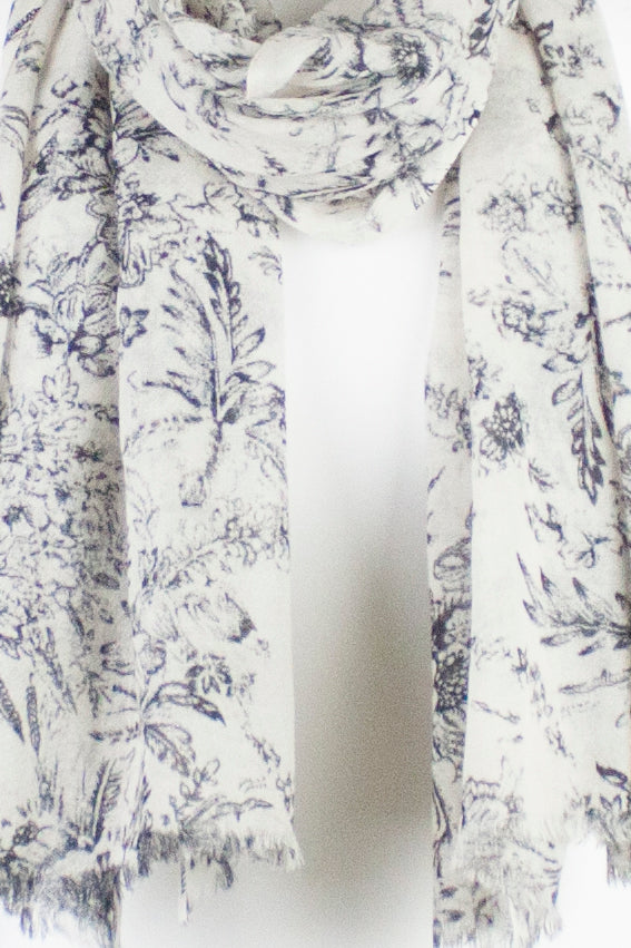 Sketchy Floral Print Merino Wool Scarf in Off White