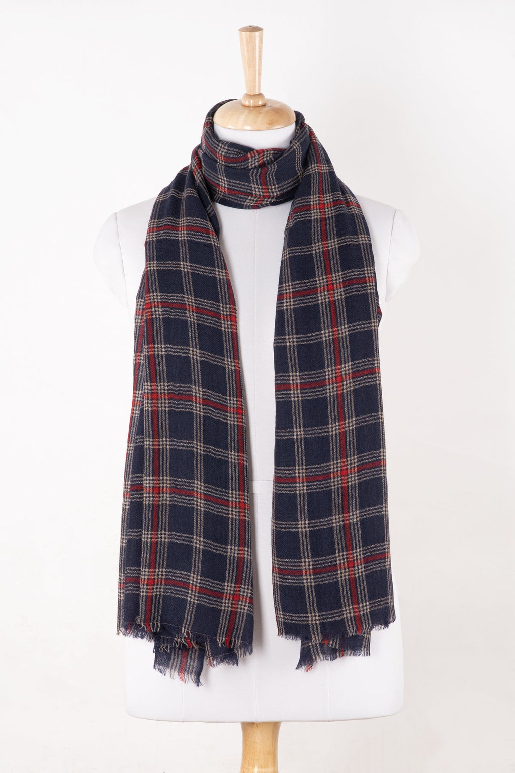 Navy Red Check Merino Wool Scarf Large