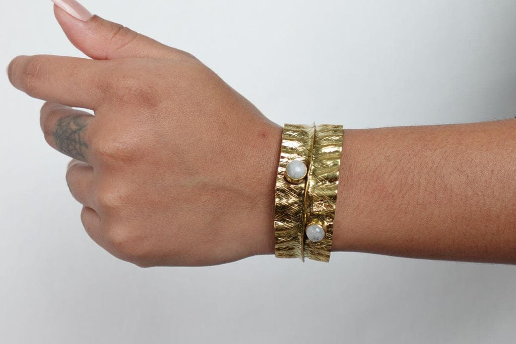 Textured Gold Cuff Bracelet with Gemstone Accents Adjustable Wrap