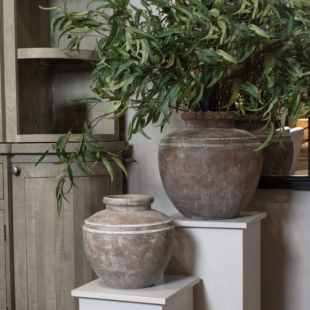 Large brown ceramic water pot with textured surface, wide mouth, and Mediterranean design, 39 cm tallby sostter at brixbailey.com
