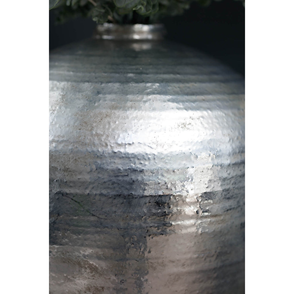 Hand-hammered silver ceramic vase with reflective metallic finish, modern home decor statement piece by sostter at brixbailey.com