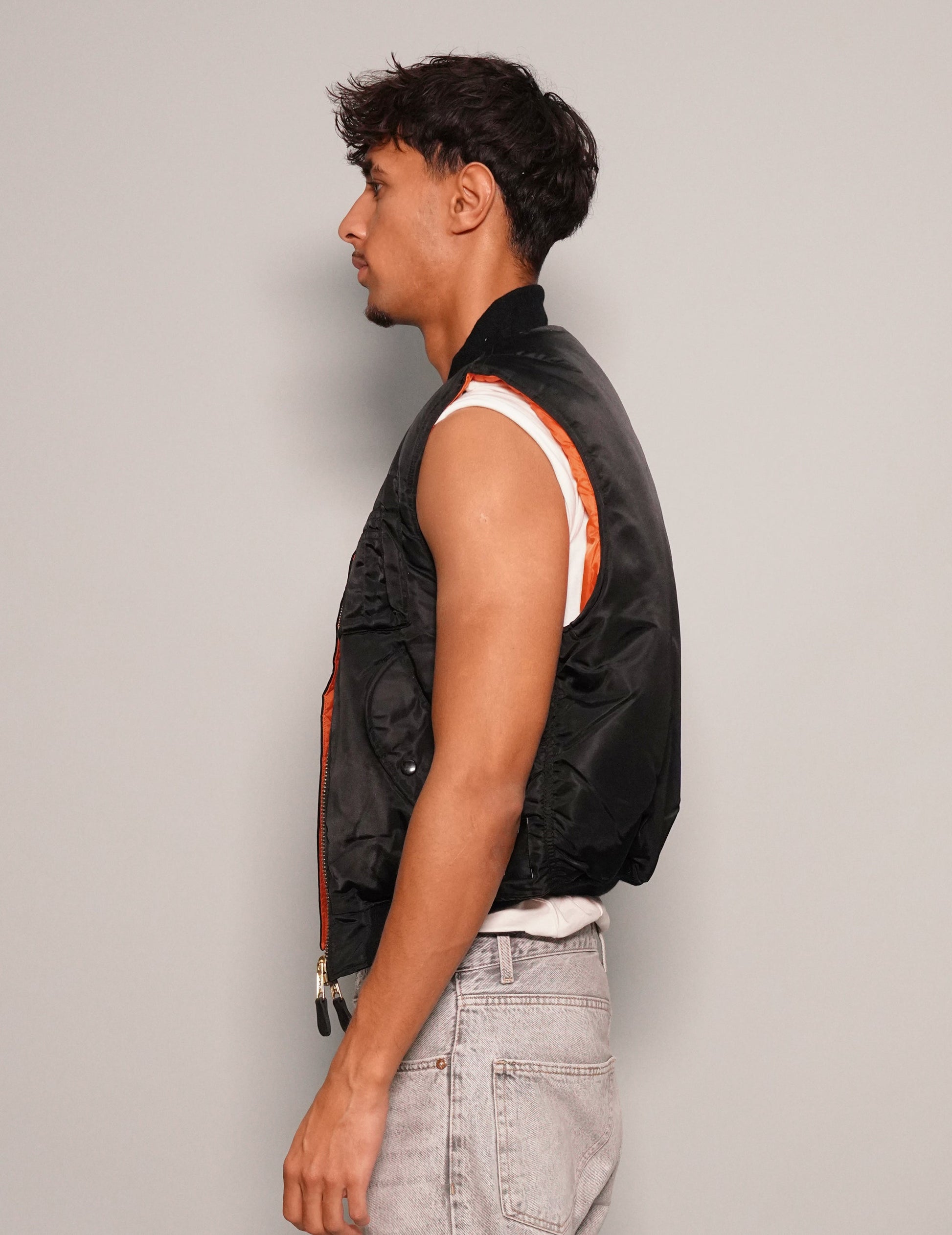 Vintage Black Bomber Gilet with Reversible Orange Lining