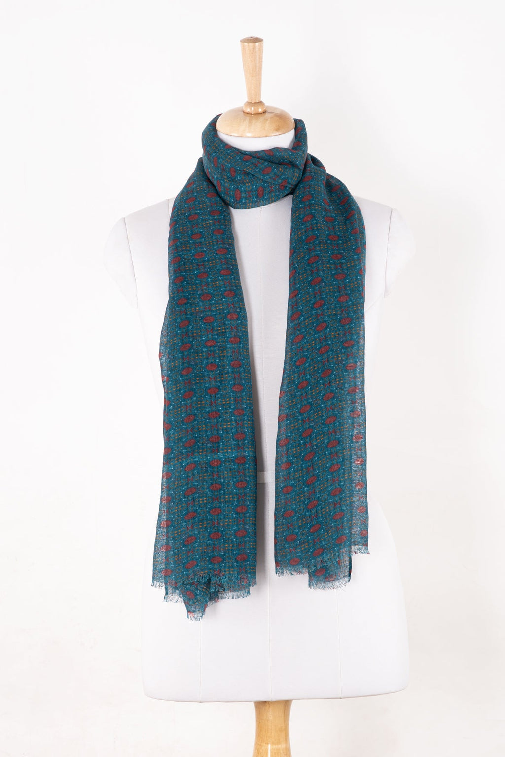 Tile Print Linen Cotton Scarf in Navy Red