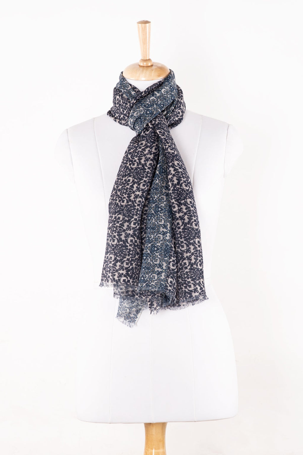 Floral Tile Print Linen Cotton Scarf in Navy Cement