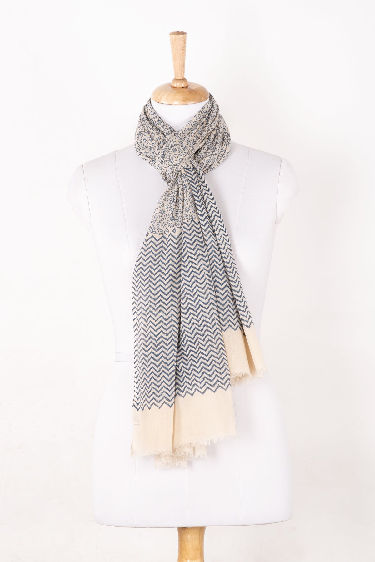 Floral and Chevron Print Cotton Scarf in Dark Night Ecru