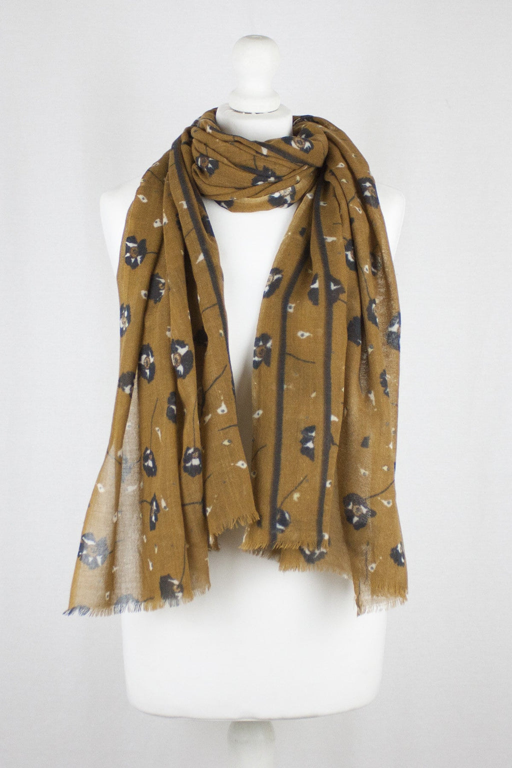 Poppy Flower Merino Wool Scarf in Ochre