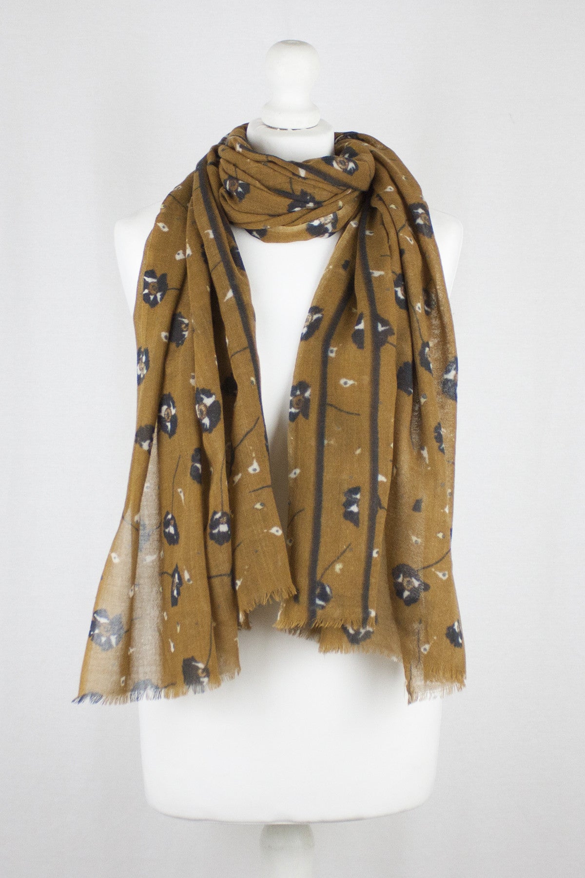 Poppy Flower Merino Wool Scarf in Ochre