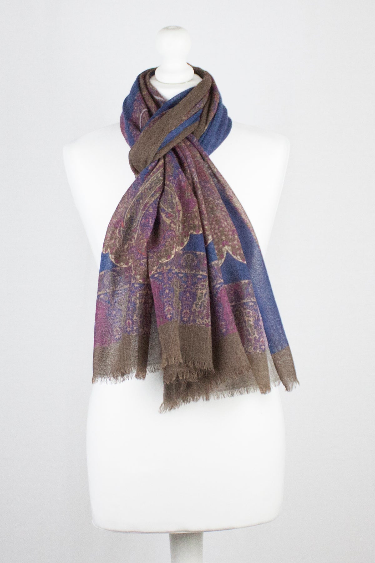 Persian Paisley Print Merino Wool Scarf Navy Magenta Brown