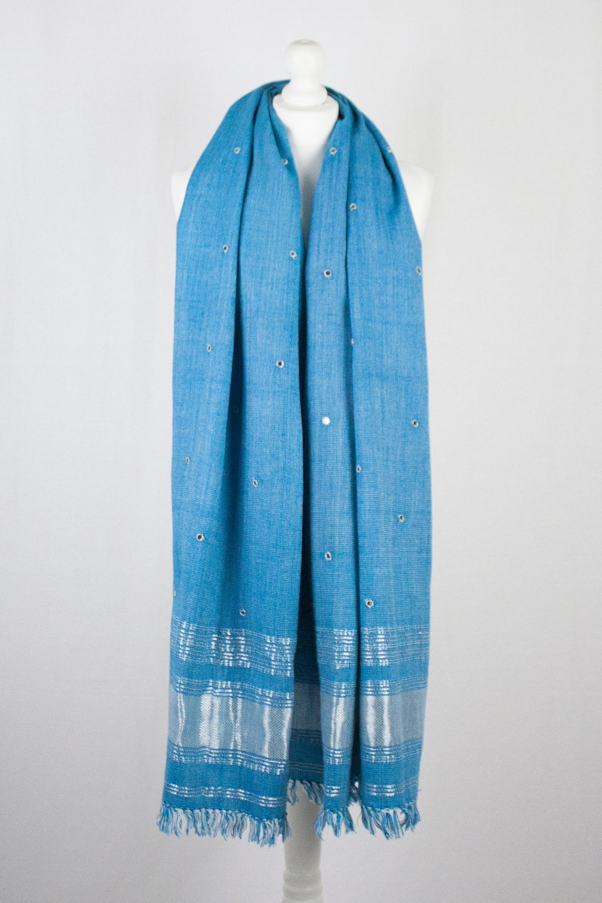 Turquoise Mirror Work Lurex Border Wool Shawl