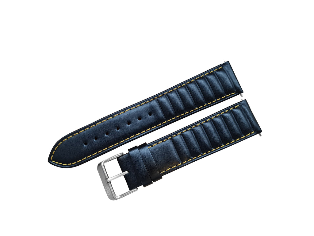 Black Ribbed Leather Race Watch Strap 22mm