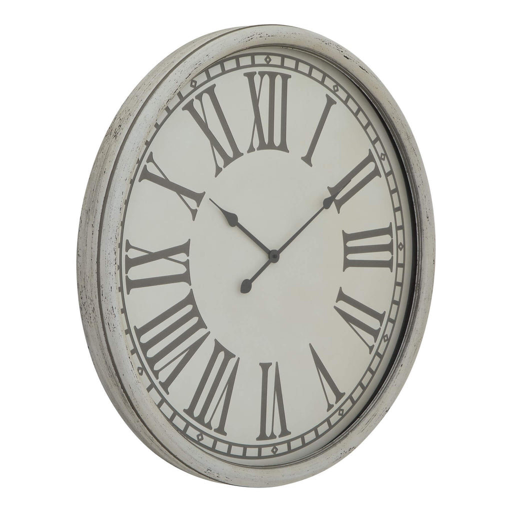 White embossed wall clock with glass accents, handcrafted wood frame, contemporary rustic design, 80cm diameter. by sostter at brixbailey.com