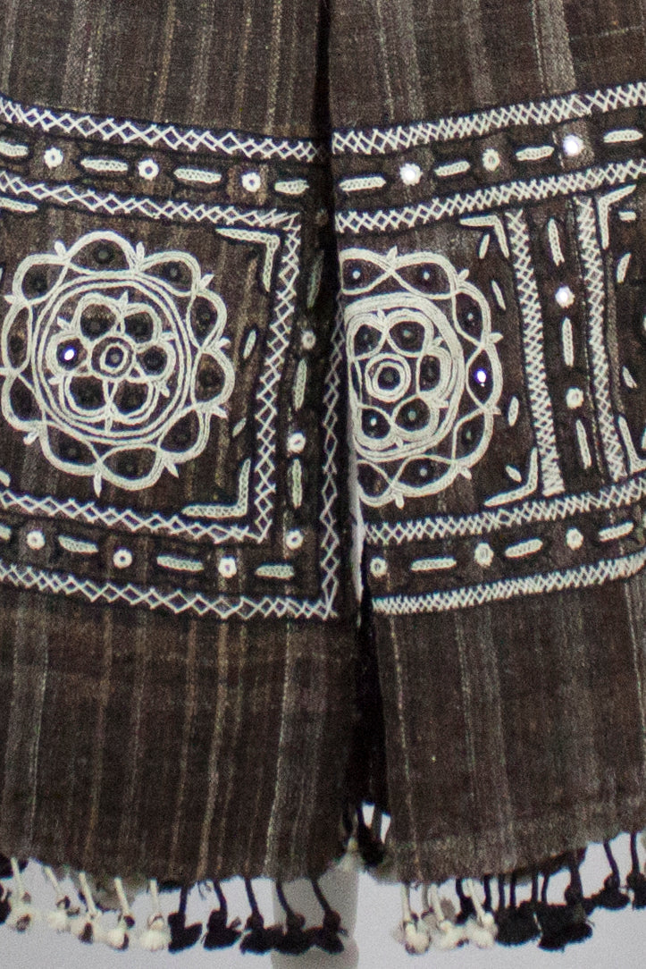 Brown Handspun Handwoven Wool Shawl with Embroidered Rabari Detail