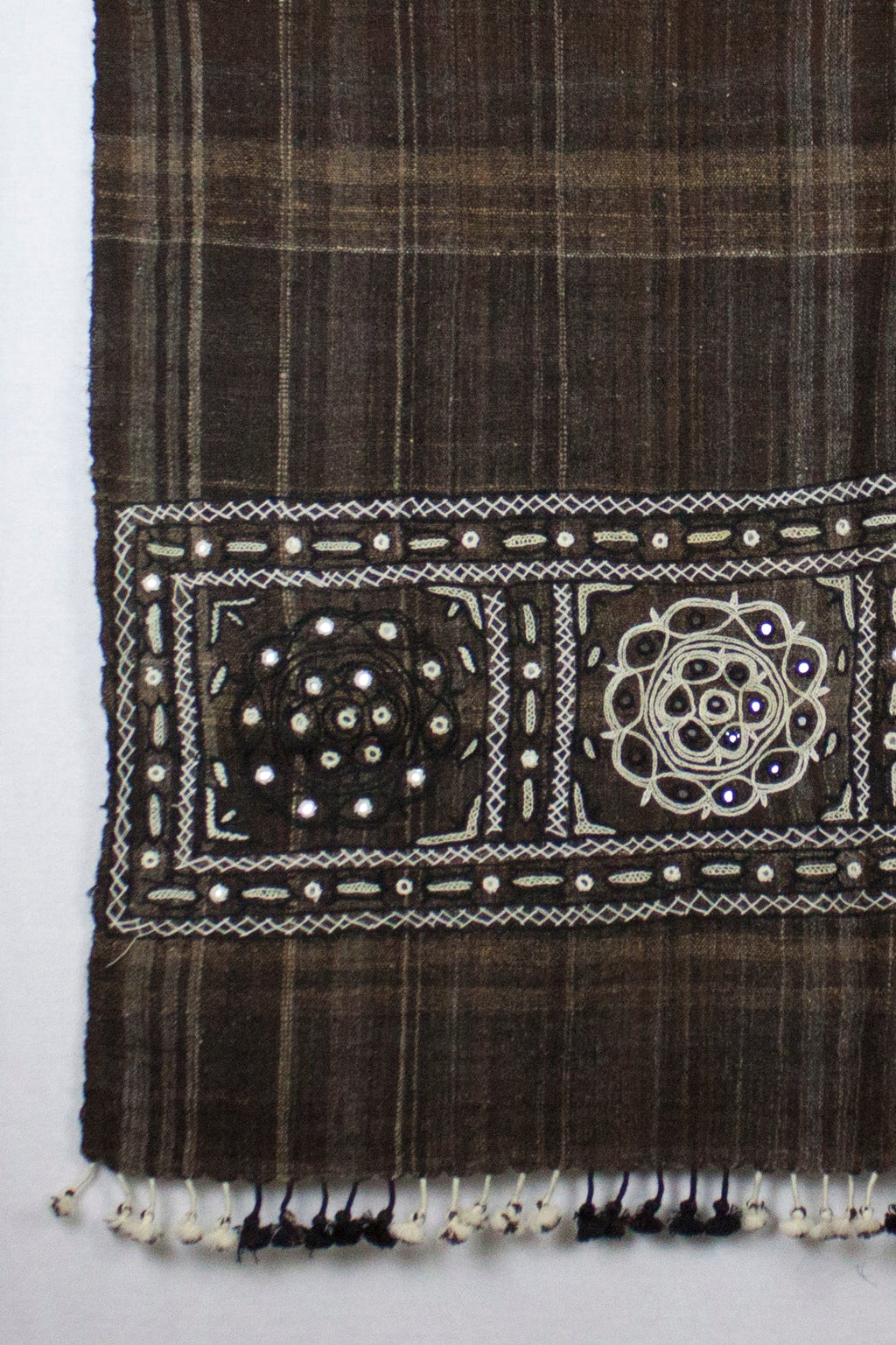 Brown Handspun Handwoven Wool Shawl with Embroidered Rabari Detail