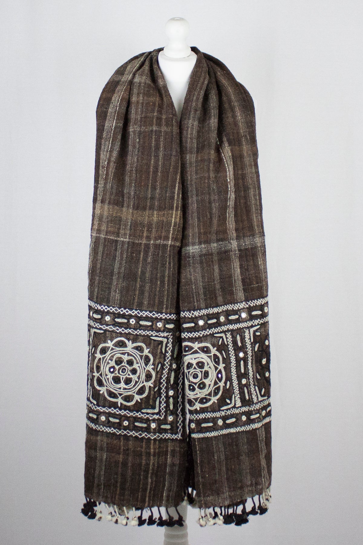 Brown Handspun Handwoven Wool Shawl with Embroidered Rabari Detail