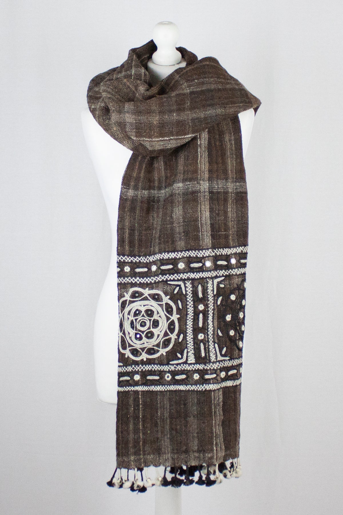 Brown Handspun Handwoven Wool Shawl with Embroidered Rabari Detail