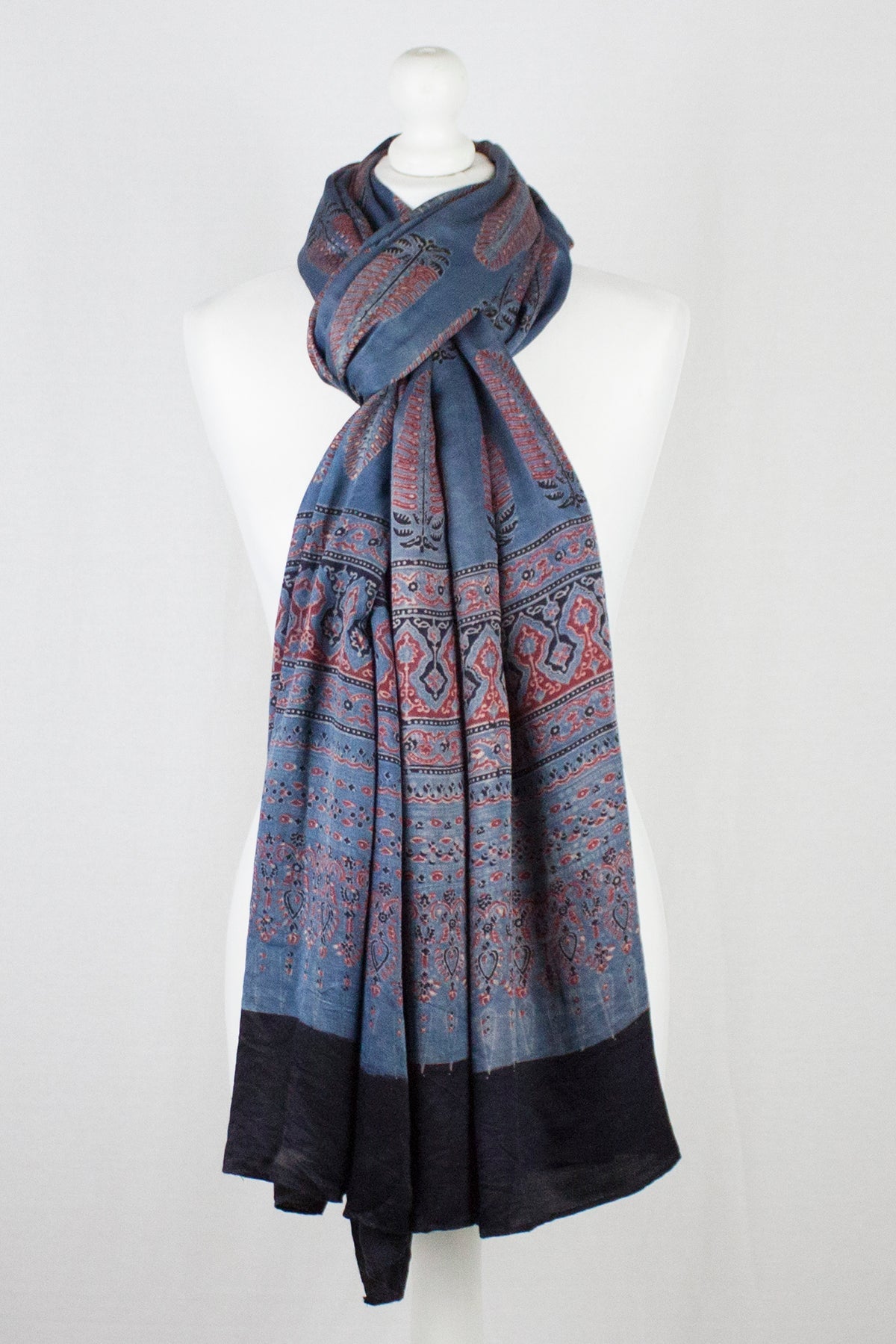 Tree Motif Ajrakh Print Silk Scarf in Blue Red