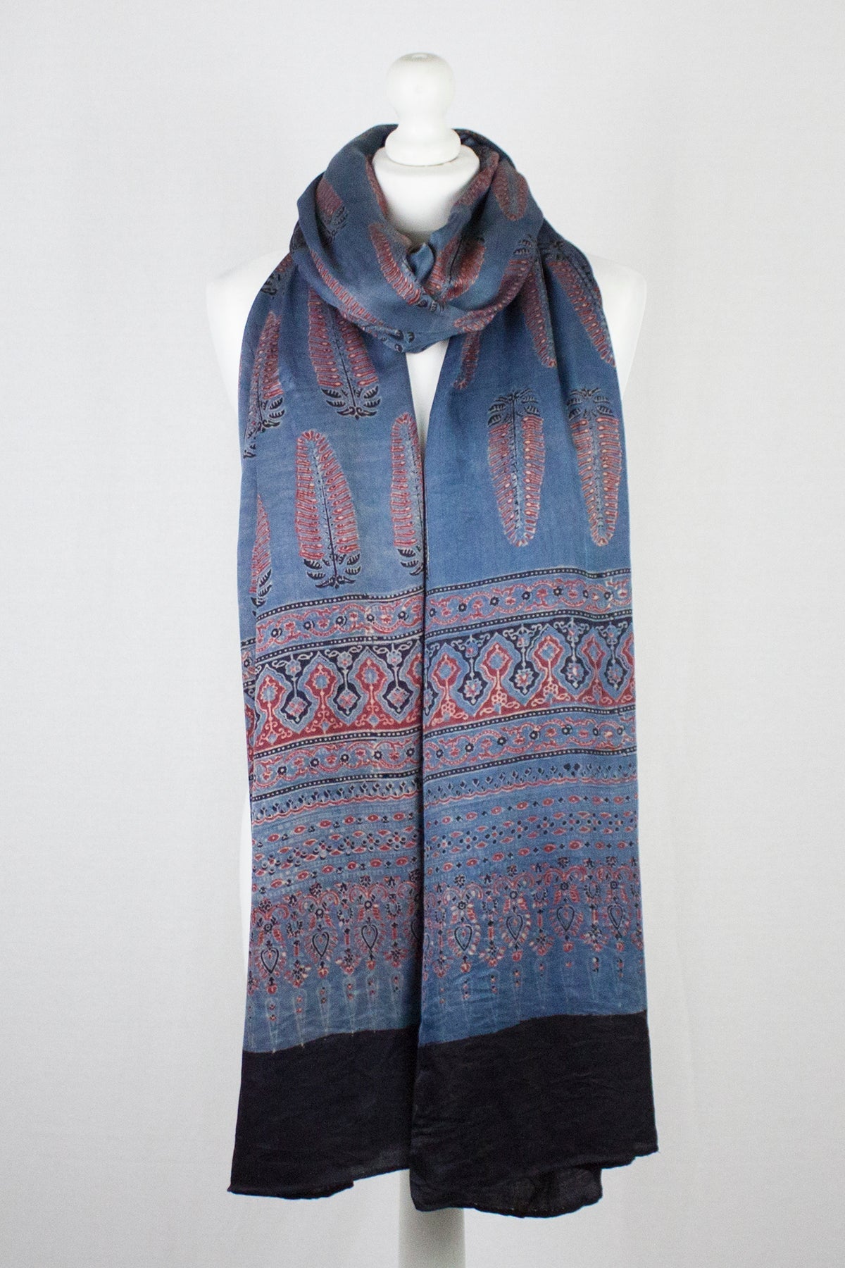 Tree Motif Ajrakh Print Silk Scarf in Blue Red