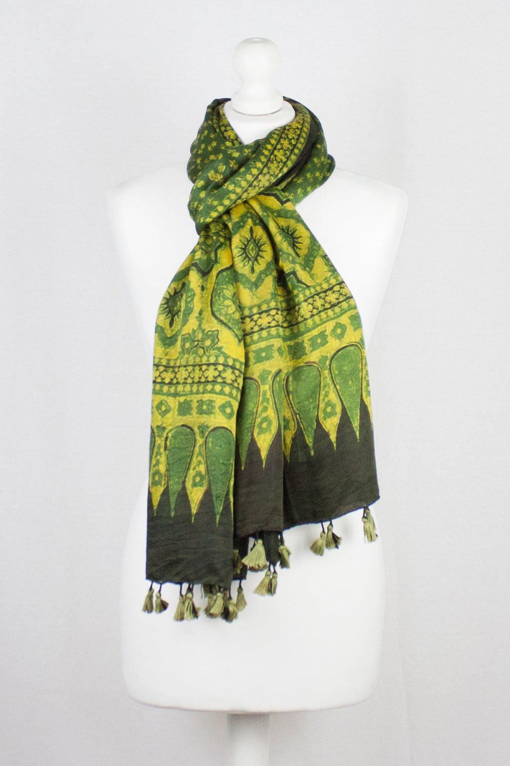 Ditsy Flower Ajrakh Block Print Silk Scarf in Green Yellow