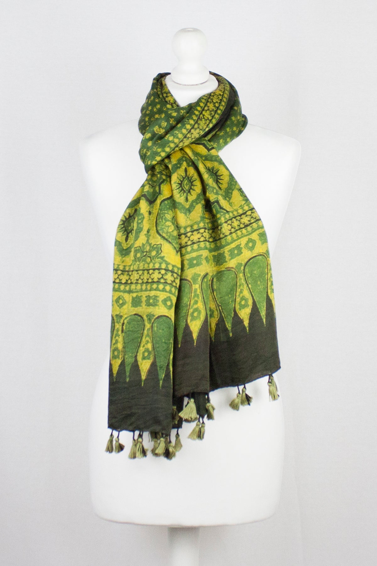 Ditsy Flower Ajrakh Block Print Silk Scarf in Green Yellow
