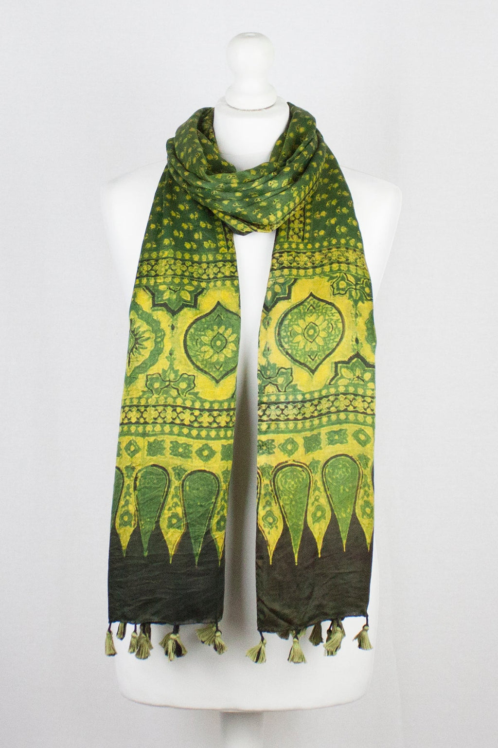 Ditsy Flower Ajrakh Block Print Silk Scarf in Green Yellow