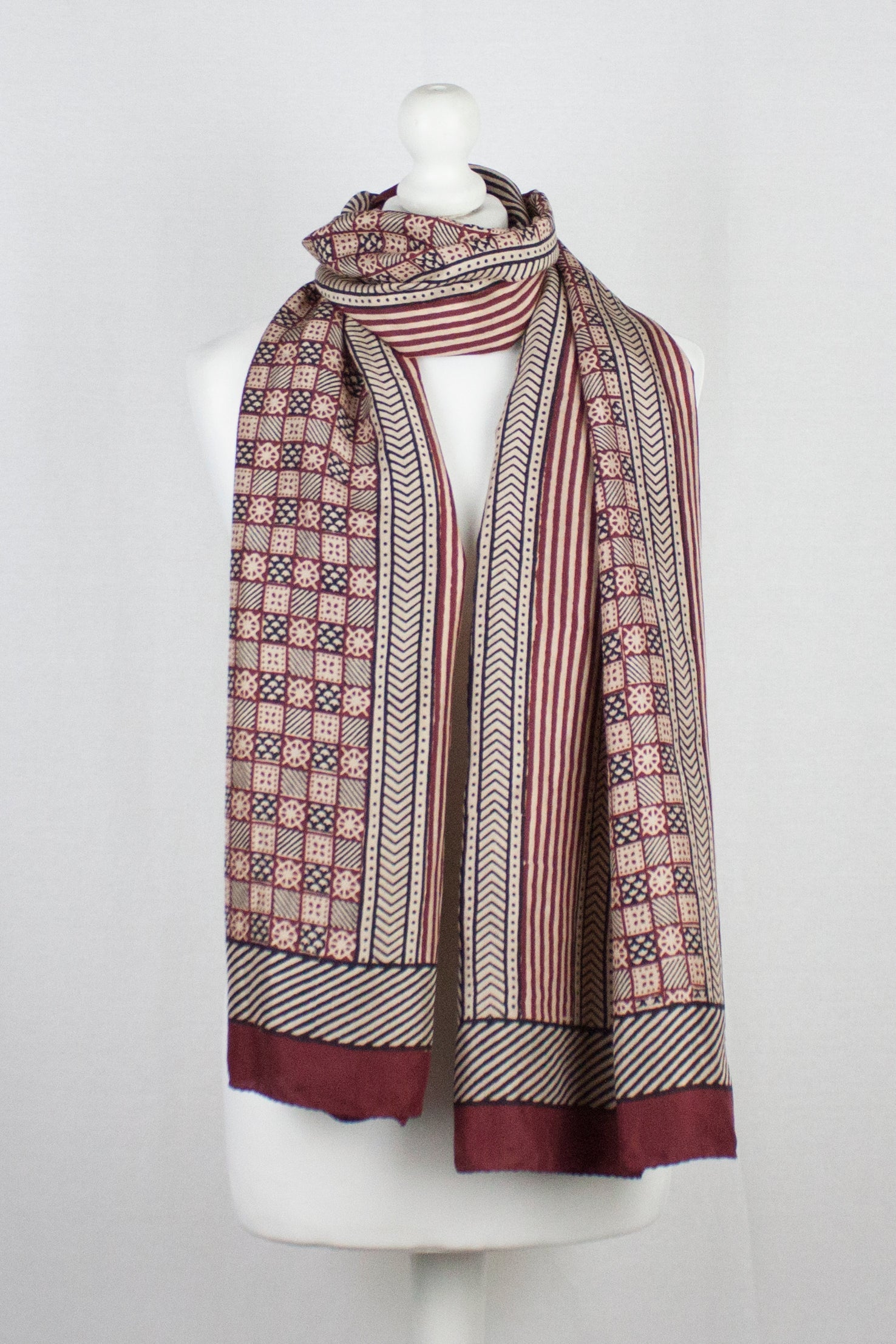 Red Checks and Stripes Hand Block Print Silk Scarf