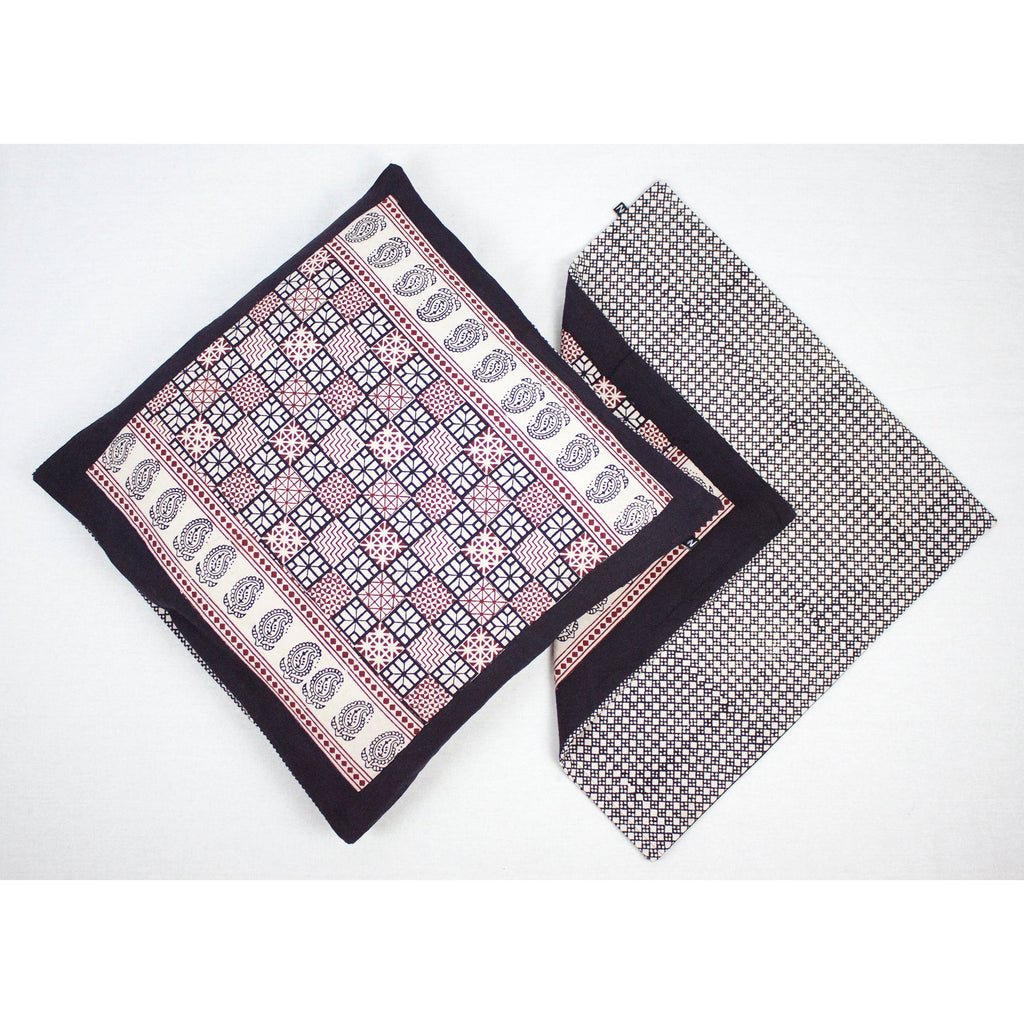 Checks and Diamond Hand Block Print Cotton Cushion Cover White Black Red